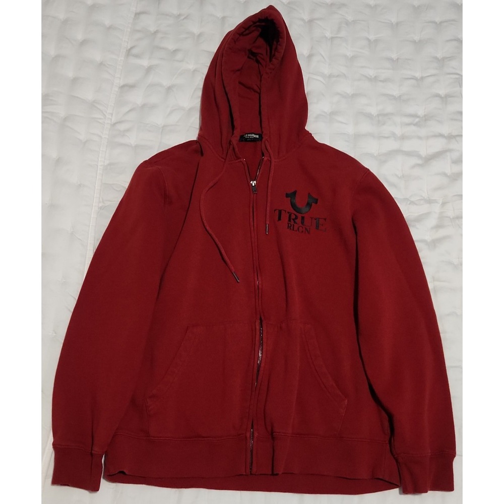 True Religion Men's Red Full Zip Hooded Hoodie Graphic Logo Pockets Size M
